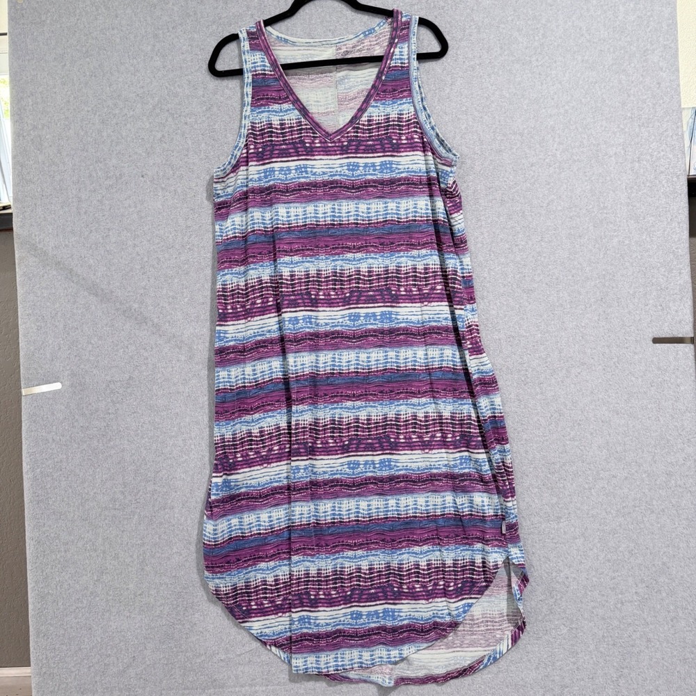 Eddie Bauer Womens XL Purple Blue Tie Dye Stripe Sleeveless V-Neck Midi Dress